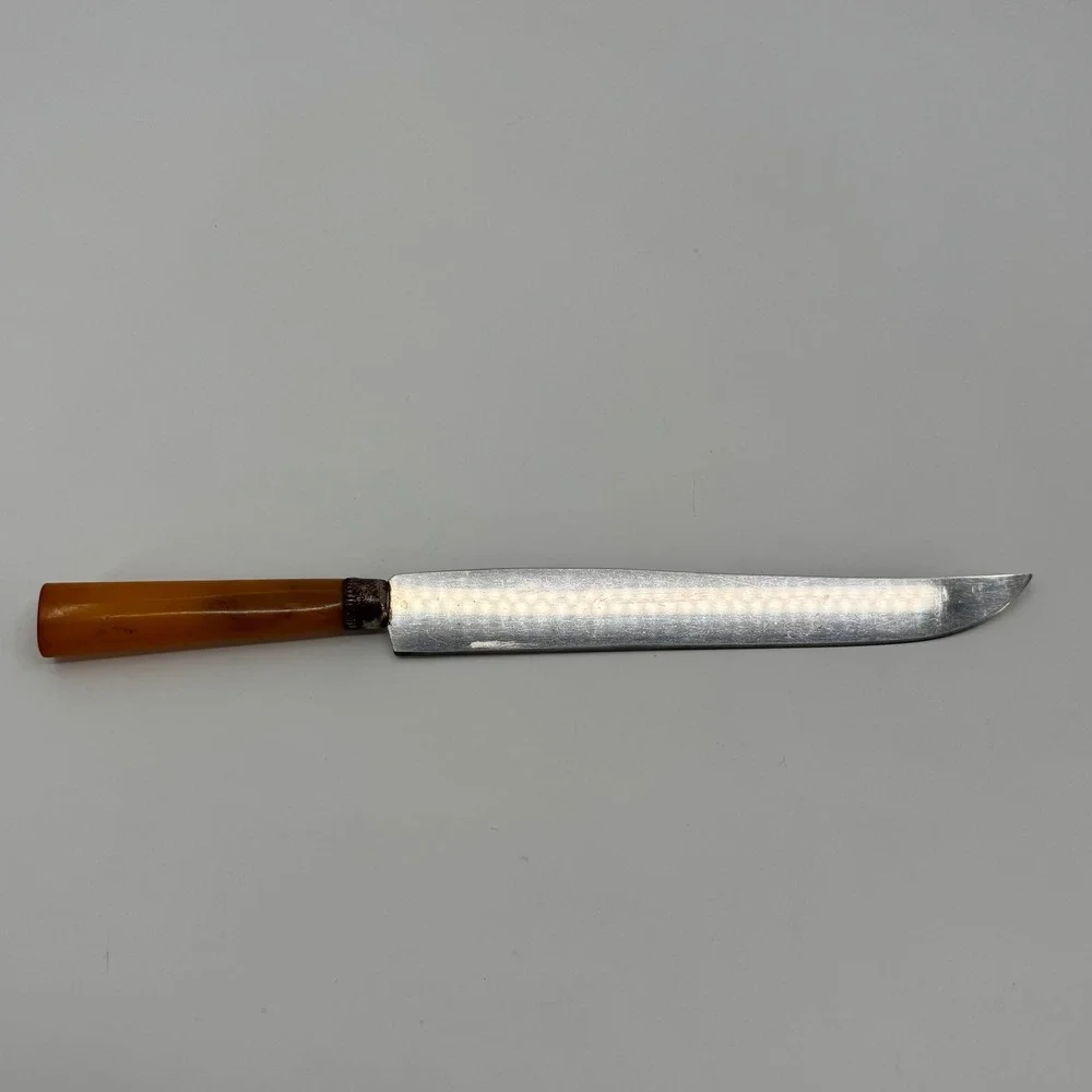 Vtg Stainless Steel Slicing Knife Amber Handle Carving Ham Roast Kitchen Utensil